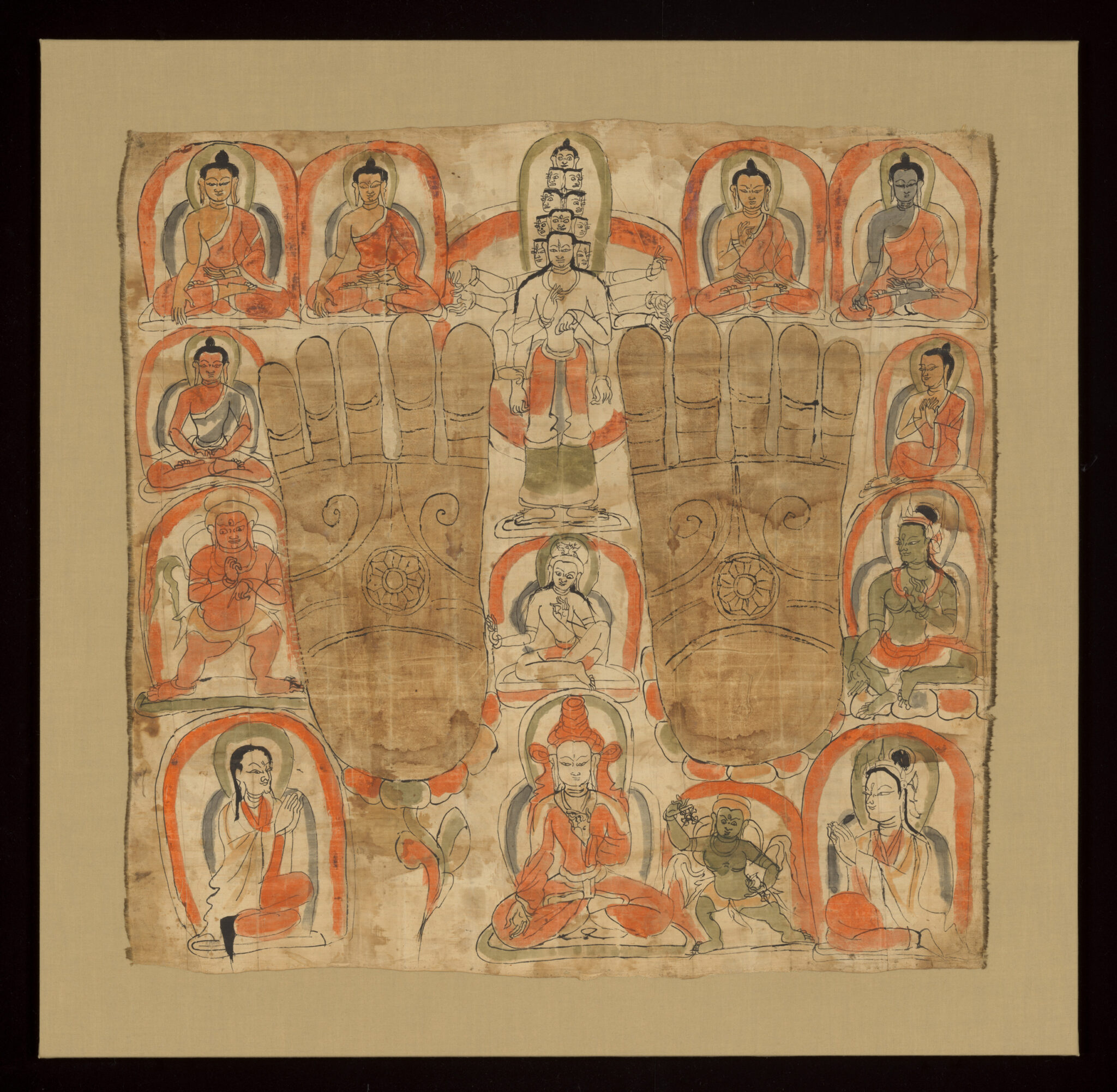 Sepia textile featuring two faint footprints interspersed with portraits of deities bearing orange nimbuses