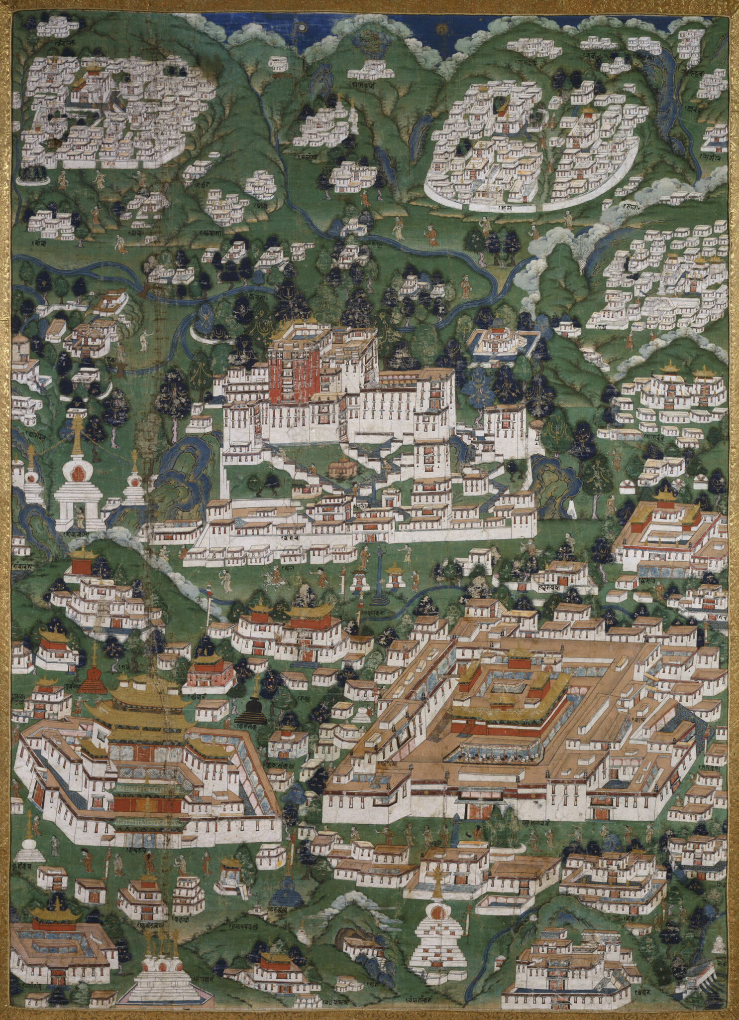 Painting depicting hilltop palace surrounded by prominent building complexes and settlements situated in green landscape